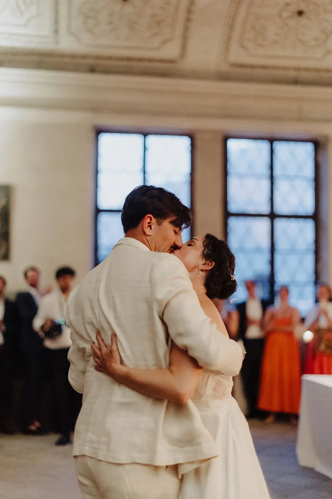 The couple close in the first dance, about to kiss